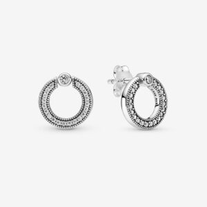 Hoa Tai Bạc Pandora Signature Hình Tròn Đính Đá Xung Quanh